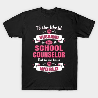 Black T-shirt with pink and white text for school counselor, perfect gift for special occasions, cotton material.