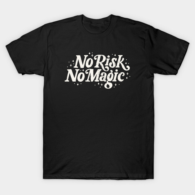Black cotton T-shirt with "No Risk No Magic" text design, casual style, perfect for everyday wear.