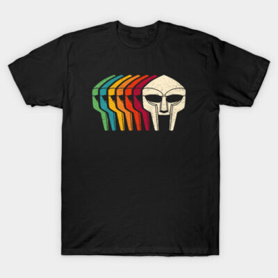 Black t-shirt with colorful abstract helmet design, casual wear, 100% cotton, unisex style, perfect for daily use.