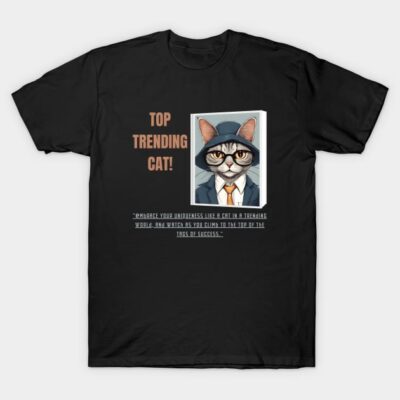 Black t-shirt featuring a cat in a suit with "Top Trending Cat" text, casual wear, perfect for cat lovers.
