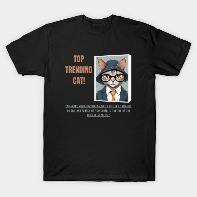 Black t-shirt featuring a cat in a suit with "Top Trending Cat" text, casual wear, perfect for cat lovers.
