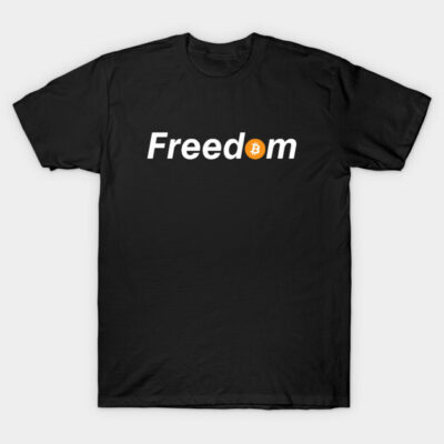 Black cotton t-shirt with "Freedom" text and Bitcoin logo design, casual wear, unisex style.