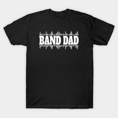Black "Band Dad" T-shirt with soundwave design, casual style, cotton material, perfect for music lovers.