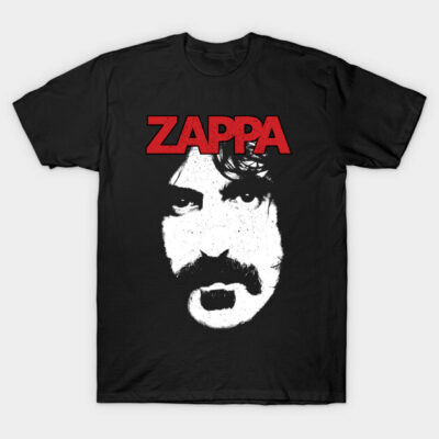 Black T-shirt with red "Zappa" text and monochrome face graphic, casual cotton material, unisex style.