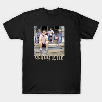 Black T-shirt with vintage "Thug Life" graphic design, casual streetwear style, unisex cotton material.