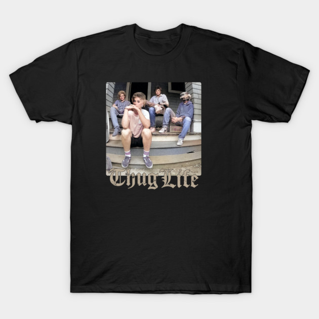 Black T-shirt with vintage "Thug Life" graphic design, casual streetwear style, unisex cotton material.