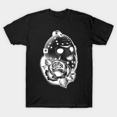 Black T-shirt with white mask and rose design, casual style, soft cotton material, ideal for everyday wear.