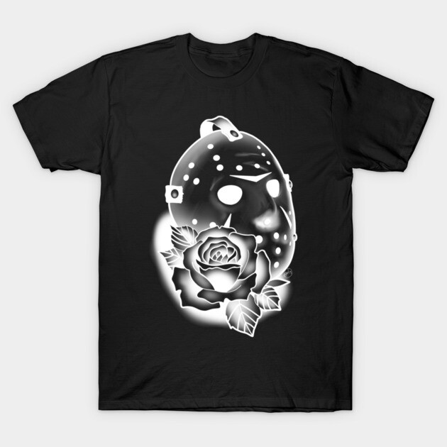 Black T-shirt with white mask and rose design, casual style, soft cotton material, ideal for everyday wear.