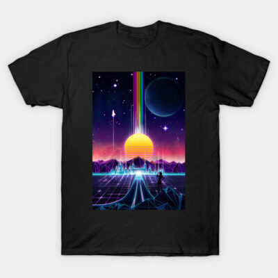 Black t-shirt with vibrant retro-futuristic sunset and space design, featuring mountains and grid pattern.