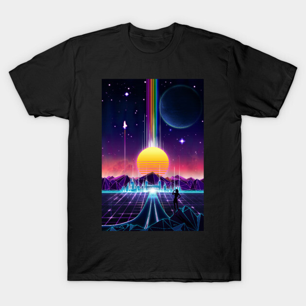 Black t-shirt with vibrant retro-futuristic sunset and space design, featuring mountains and grid pattern.