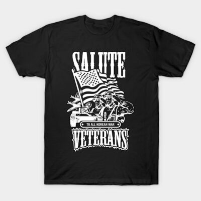 Black "Salute Veterans" t-shirt, Korean War theme, featuring American flag graphic. Ideal for honoring veterans.