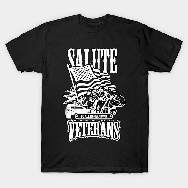 Black "Salute Veterans" t-shirt, Korean War theme, featuring American flag graphic. Ideal for honoring veterans.