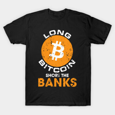 Black Bitcoin-themed T-shirt with orange and white text design, casual style, perfect for cryptocurrency enthusiasts.