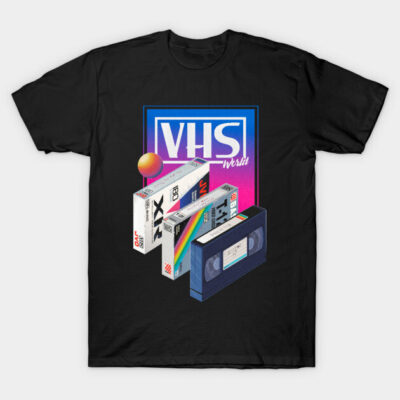 Black retro VHS graphic t-shirt, vibrant vintage design, casual wear, cotton material, unisex style.