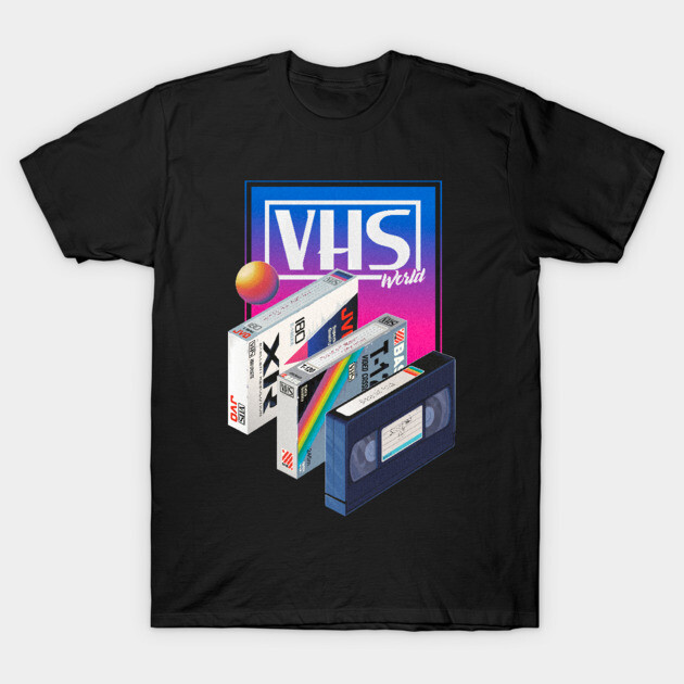 Black retro VHS graphic t-shirt, vibrant vintage design, casual wear, cotton material, unisex style.