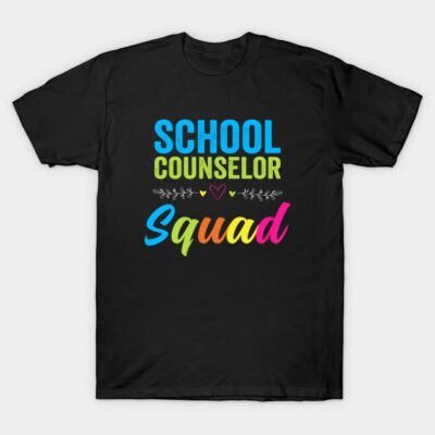 Black t-shirt with colorful "School Counselor Squad" text, casual style, ideal for work or casual wear.