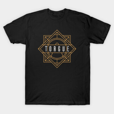 Black T-shirt with geometric gold design and "TORGUE" text, casual wear, 100% cotton, unisex style.