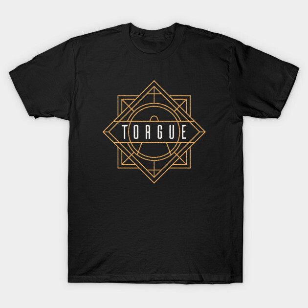 Black T-shirt with geometric gold design and "TORGUE" text, casual wear, 100% cotton, unisex style.