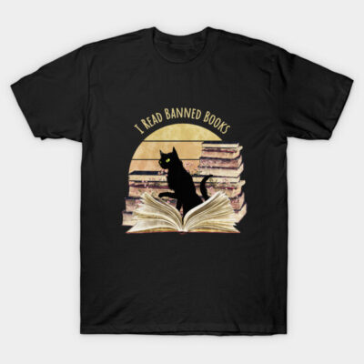 Black T-shirt with "I Read Banned Books" print, featuring a cat and books design, perfect for book lovers.