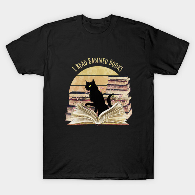 Black T-shirt with "I Read Banned Books" print, featuring a cat and books design, perfect for book lovers.