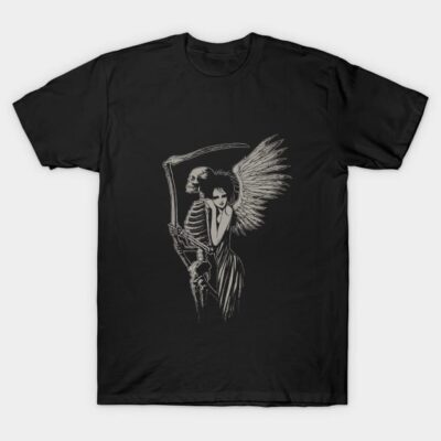 Black graphic tee with skeleton and angel design, gothic style, 100% cotton, casual wear for men or women.