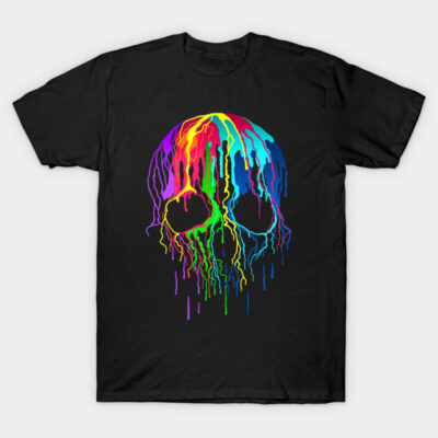 Black t-shirt with colorful dripping skull design, perfect for casual wear or gifts. 100% cotton, unisex style.