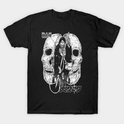 Black graphic t-shirt featuring large skull design with artistic motifs, perfect for casual wear.