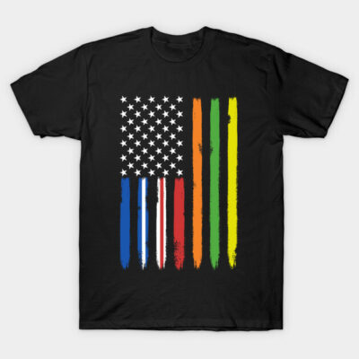 Black t-shirt with multicolored American flag design, casual wear, cotton material, unisex style.