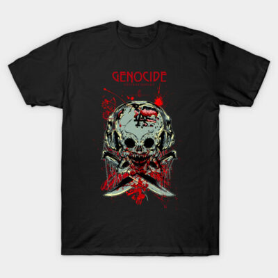 Black t-shirt with skull and crossbones design, featuring red and black graphics, ideal for casual wear.