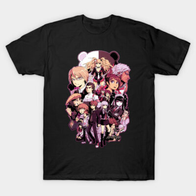Black anime graphic T-shirt featuring colorful character design, perfect for casual wear and pop culture fans.