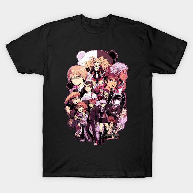 Black anime graphic T-shirt featuring colorful character design, perfect for casual wear and pop culture fans.