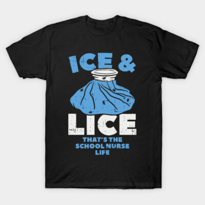 Black novelty t-shirt with blue and white ice bag graphic, humorous text, school nurse theme, casual wear.