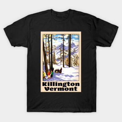 Black t-shirt featuring Killington Vermont winter scene graphic, perfect for casual wear or travel enthusiasts.