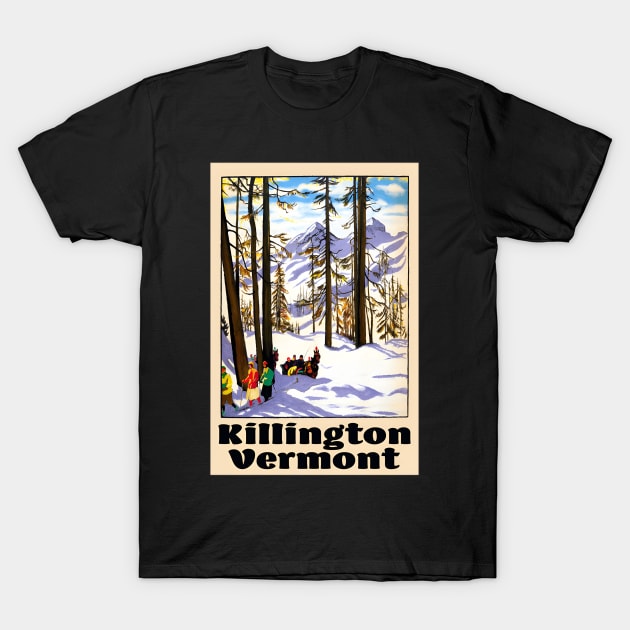 Black t-shirt featuring Killington Vermont winter scene graphic, perfect for casual wear or travel enthusiasts.