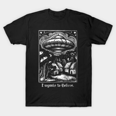 Black graphic t-shirt with UFO design and "I wyssthe to Believe" text, ideal for casual wear, cotton material.