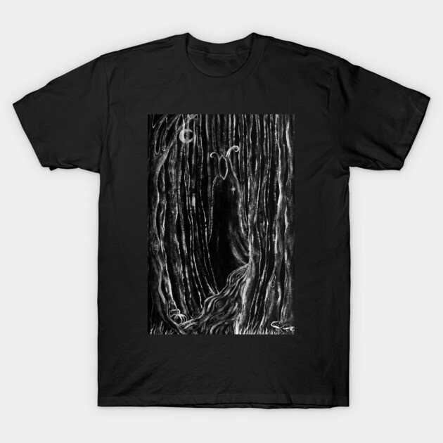 Black cotton t-shirt featuring a mysterious forest design with a moonlit night scene, perfect for casual wear.