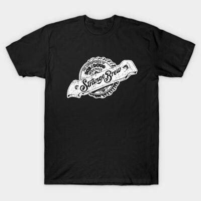 Black "Strange Brew" graphic t-shirt, vintage style, cotton material, casual wear.