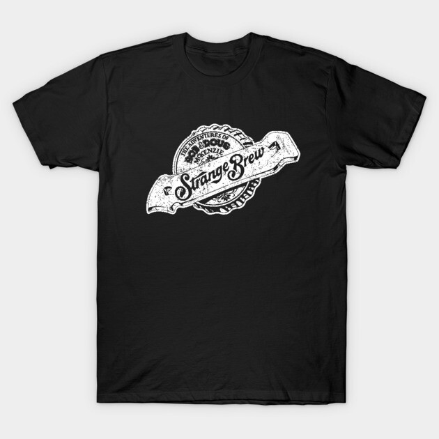 Black "Strange Brew" graphic t-shirt, vintage style, cotton material, casual wear.