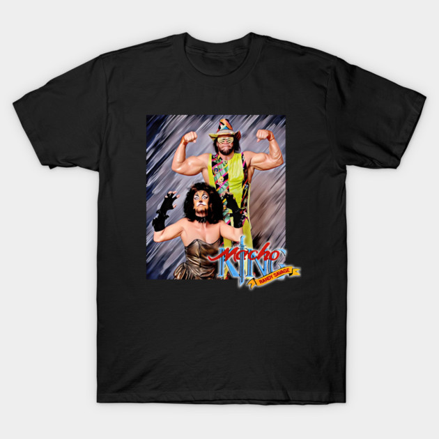 Black graphic t-shirt featuring colorful wrestling-themed design, ideal for casual wear or collector's item.