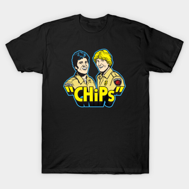 Black graphic T-shirt featuring retro "CHiPs" design with colorful text and illustration. Casual wear, cotton material.