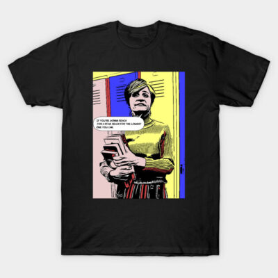 Black graphic T-shirt featuring a colorful comic-style illustration with text, casual wear, cotton material.