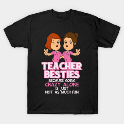 Black t-shirt with cartoon design and "Teacher Besties" slogan, ideal for educators. Fun, casual wear.