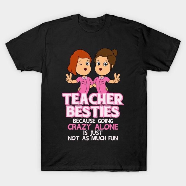 Black t-shirt with cartoon design and "Teacher Besties" slogan, ideal for educators. Fun, casual wear.