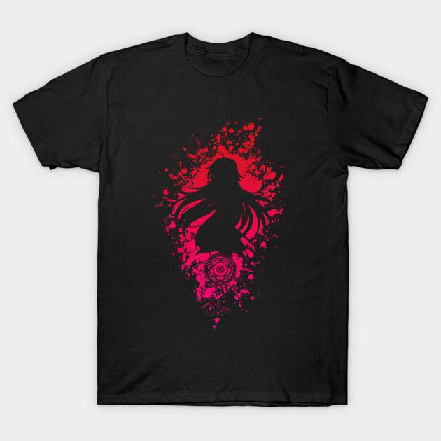 Black t-shirt with red and pink abstract silhouette design, casual style, 100% cotton, versatile for everyday wear.