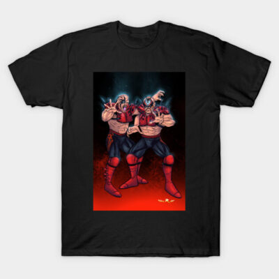 Black cotton t-shirt with vibrant red and blue graphic of two masked wrestlers, perfect for casual wear and wrestling fans.