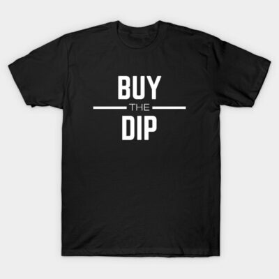 Black cotton t-shirt with "Buy the Dip" text in white, casual style, perfect for everyday wear or gift.