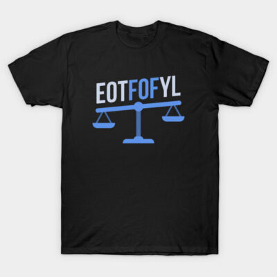 Black T-shirt with blue scales and "EOTFOFYL" print, casual cotton tee for everyday wear.