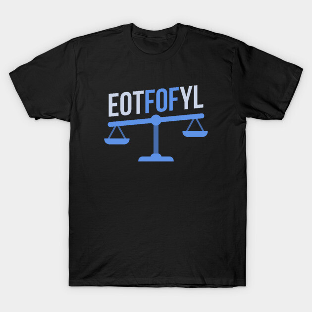 Black T-shirt with blue scales and "EOTFOFYL" print, casual cotton tee for everyday wear.