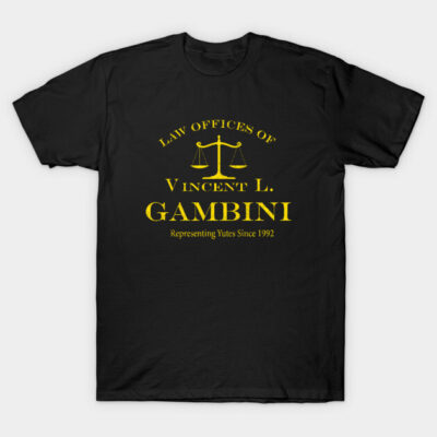 Black t-shirt with yellow text graphic, featuring legal-themed design, casual wear, cotton material.