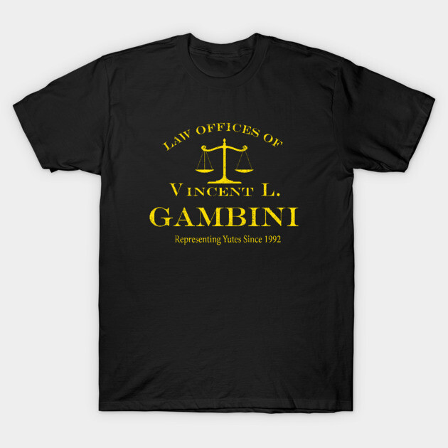 Law Offices of Vincent L. Gambini - vintage logo T-Shirt 1 Black t-shirt with yellow text graphic, featuring legal-themed design, casual wear, cotton material.